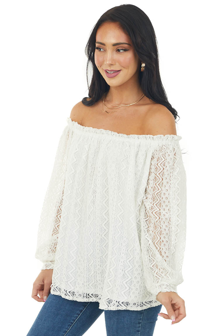 Ivory Off Shoulder Long Bubble Sleeve Lace Top