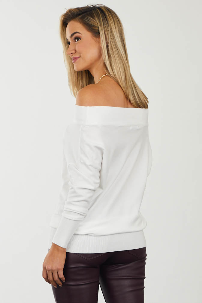 Ivory Off Shoulder Long Sleeve Ribbed Hem Top