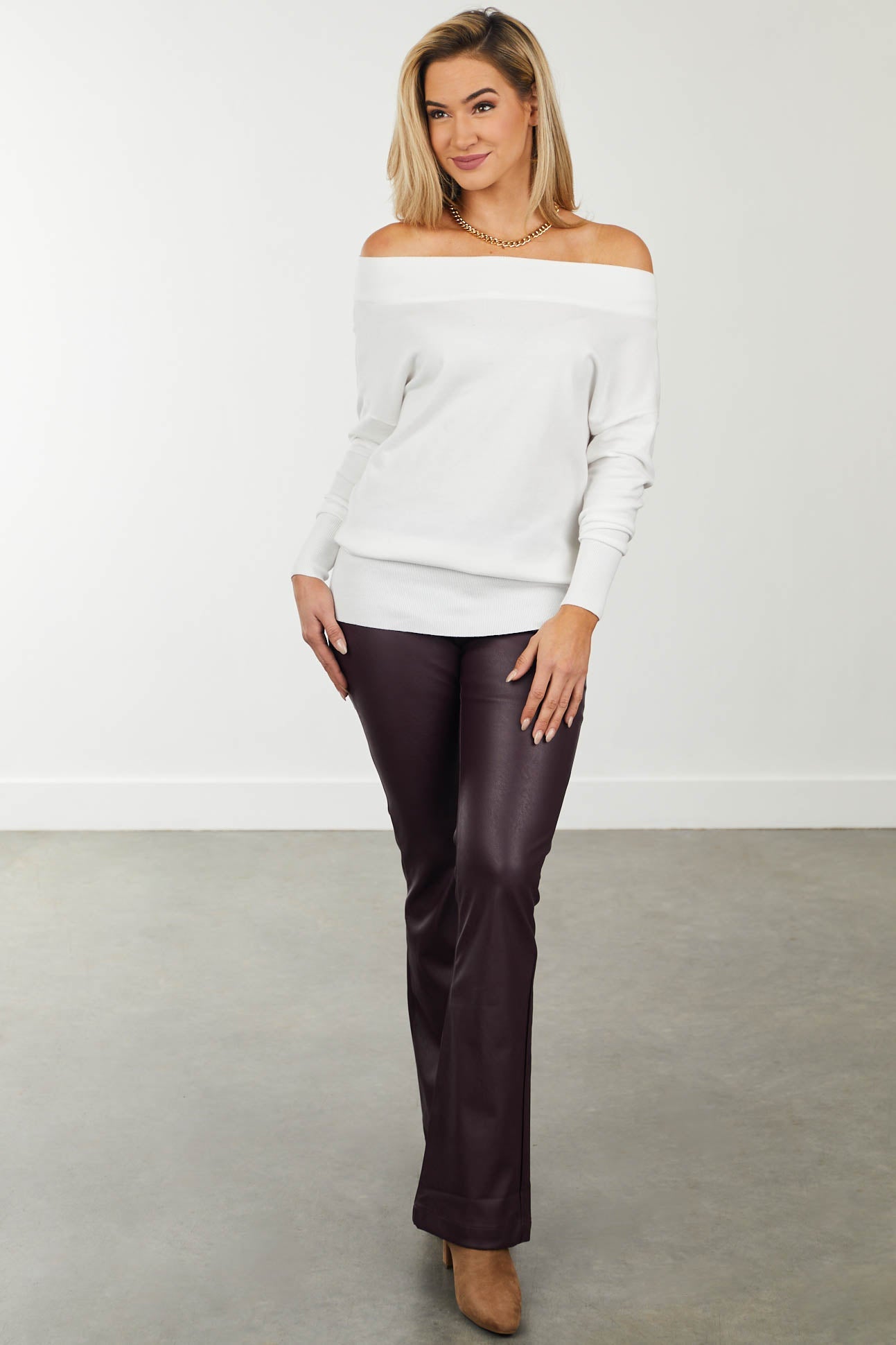 Ivory Off Shoulder Long Sleeve Ribbed Hem Top