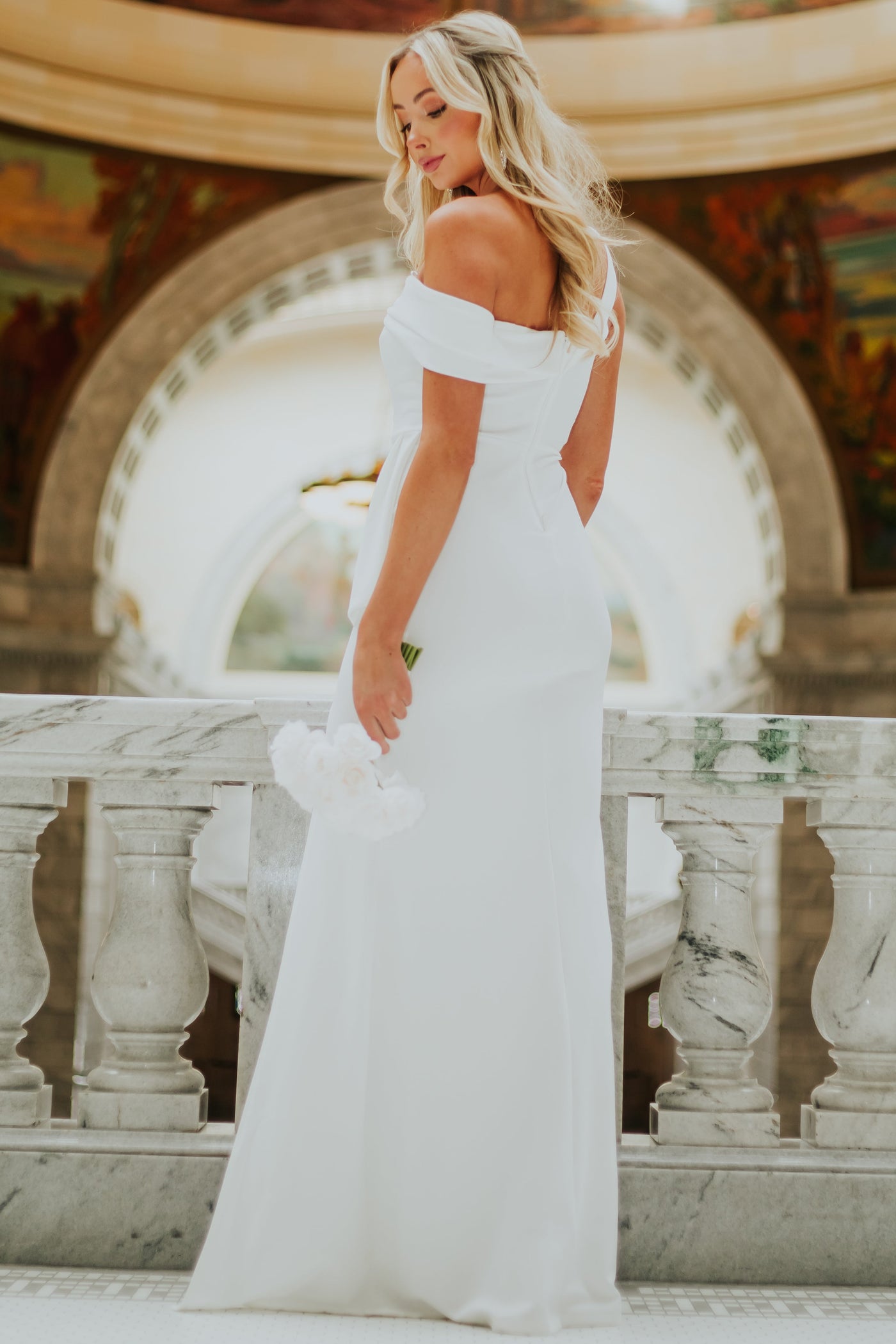 Ivory Off Shoulder Side Slit Maxi Dress