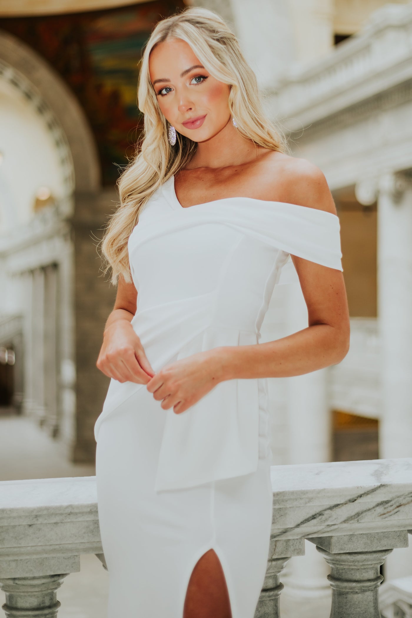 Ivory Off Shoulder Side Slit Maxi Dress