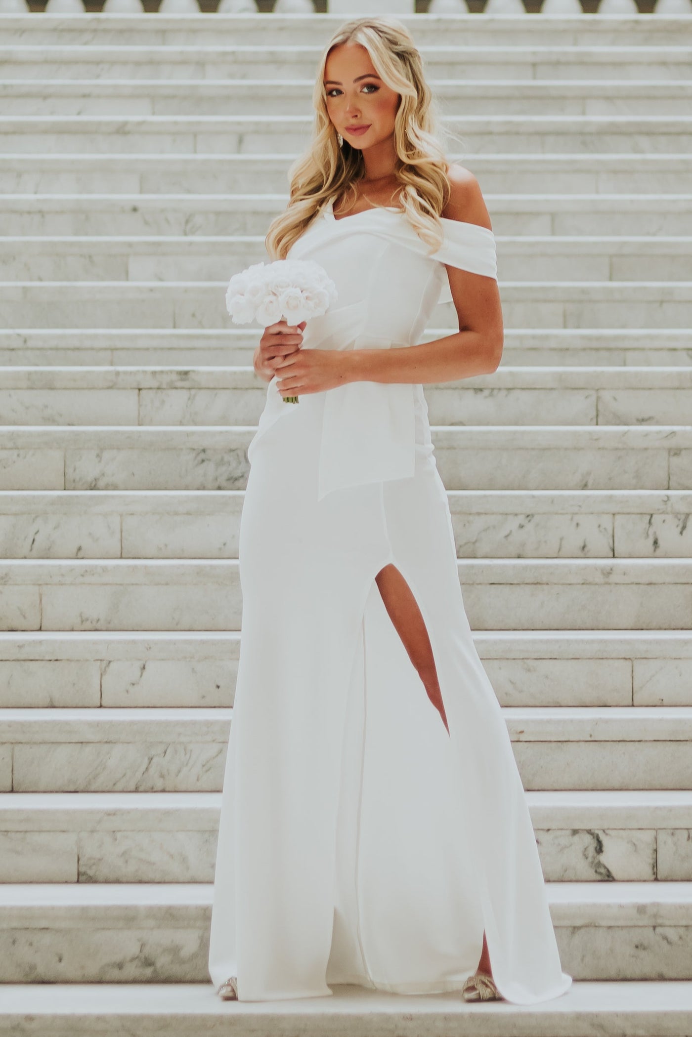 Ivory Off Shoulder Side Slit Maxi Dress