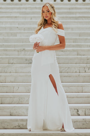 Ivory Off Shoulder Side Slit Maxi Dress
