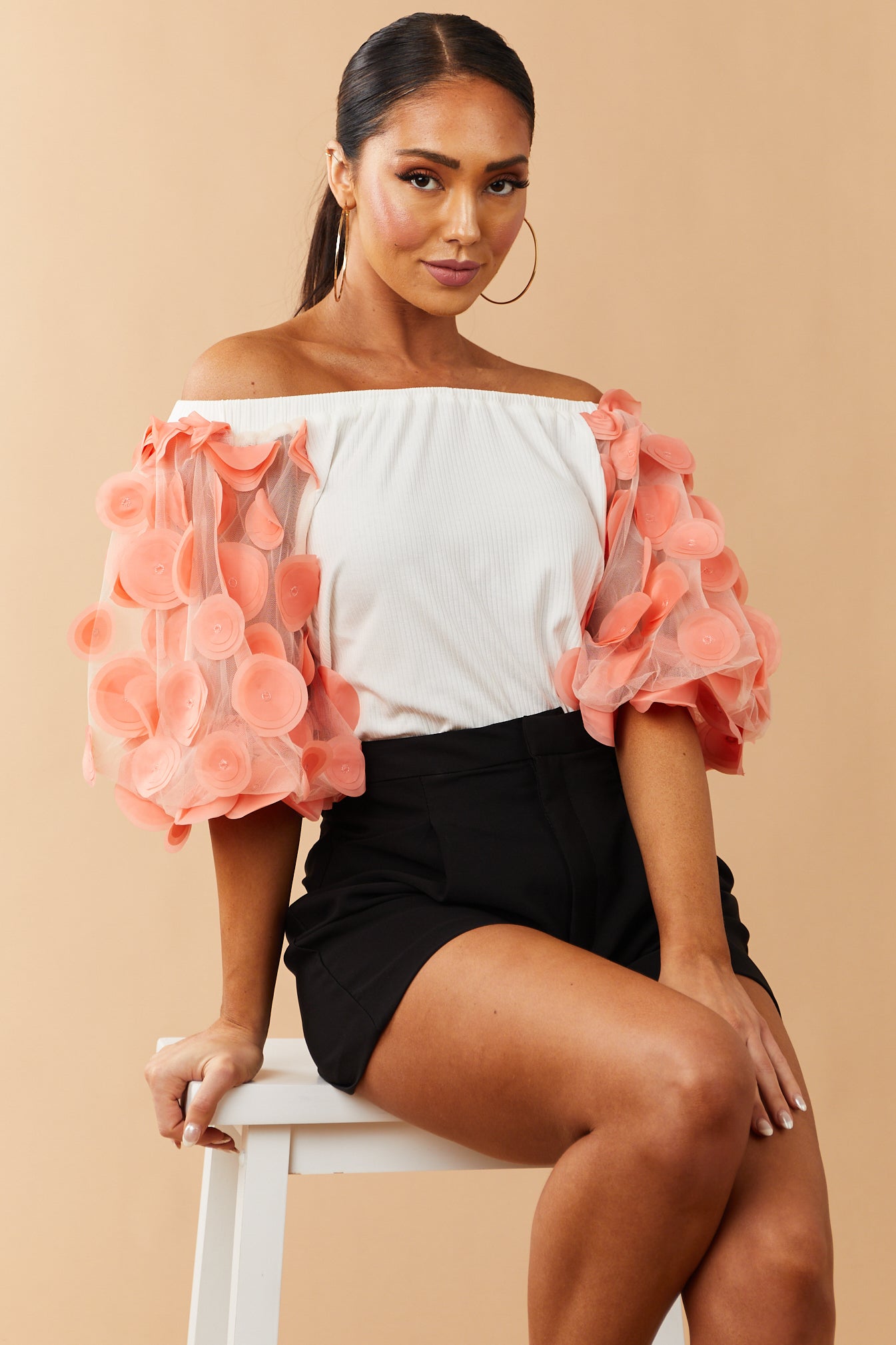 Ivory Off the Shoulder Top with 3D Circle Sleeves