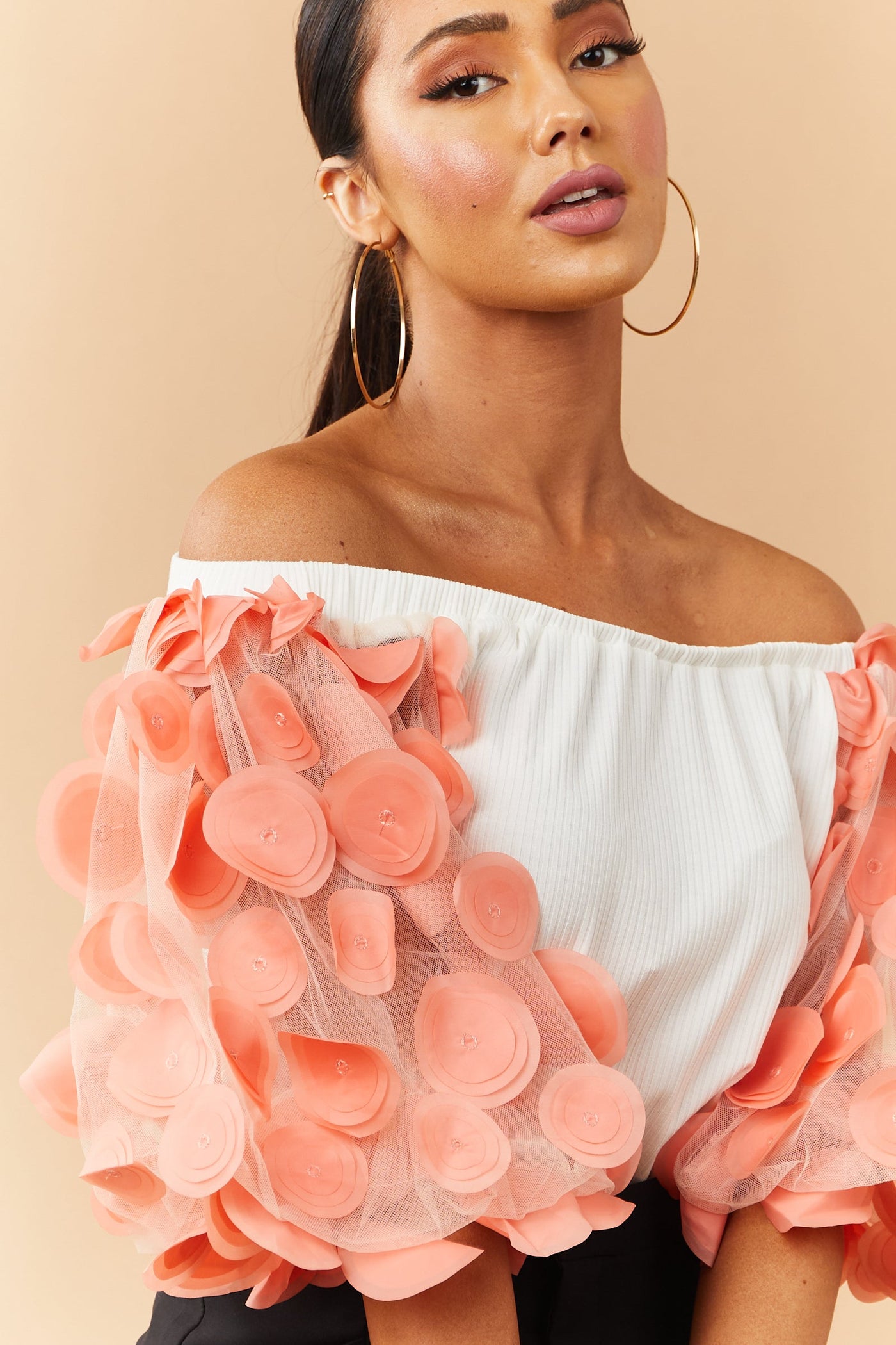 Ivory Off the Shoulder Top with 3D Circle Sleeves