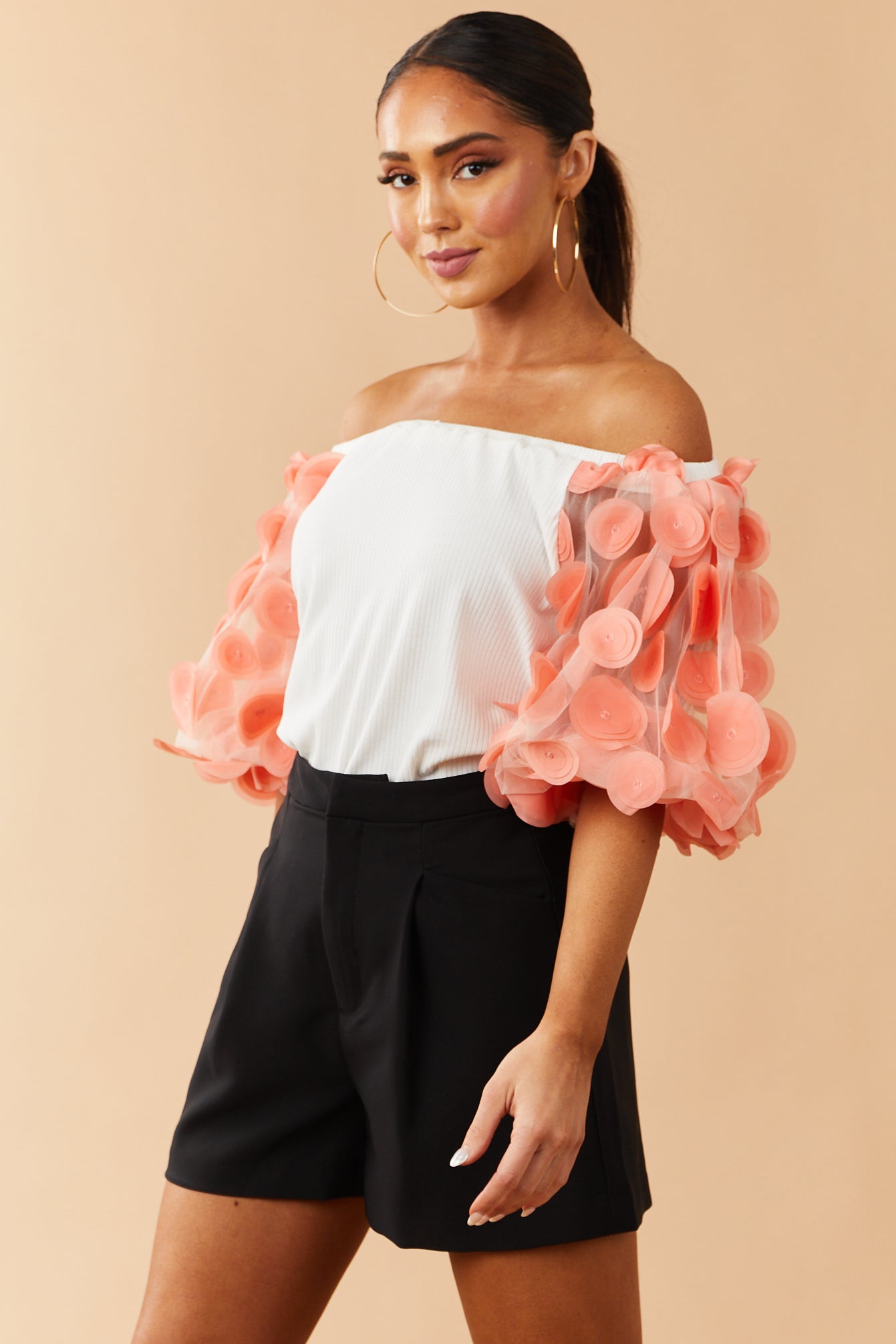 Ivory Off the Shoulder Top with 3D Circle Sleeves