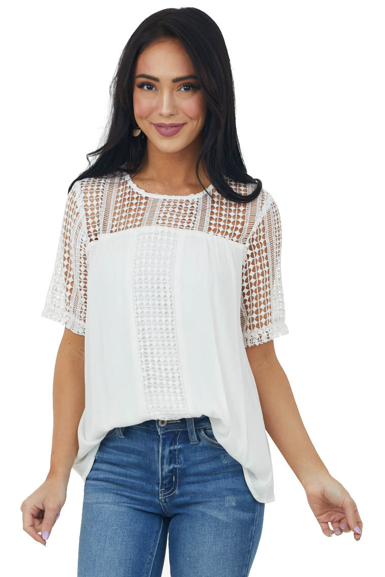 Ivory Open Lace Contrast Short Sleeve Blouse