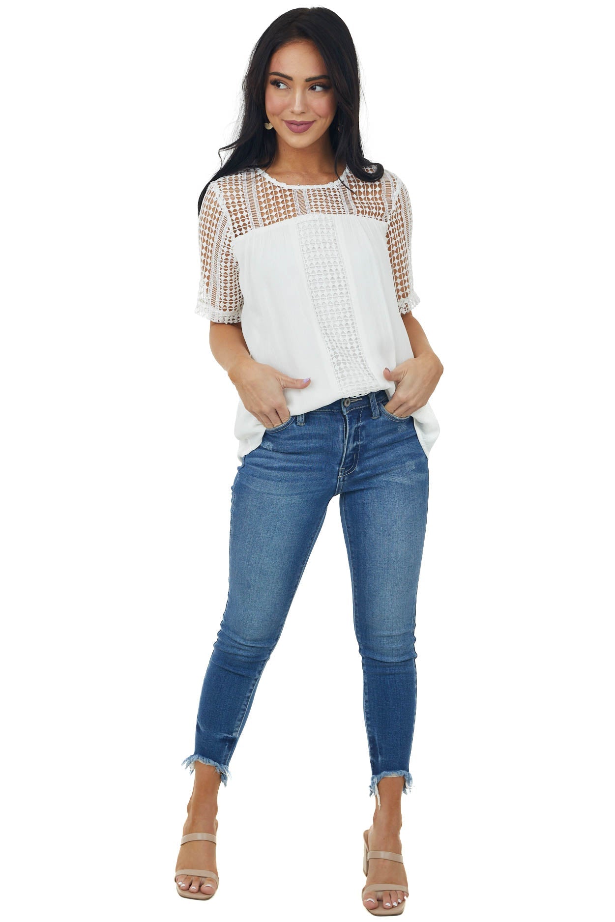 Ivory Open Lace Contrast Short Sleeve Blouse