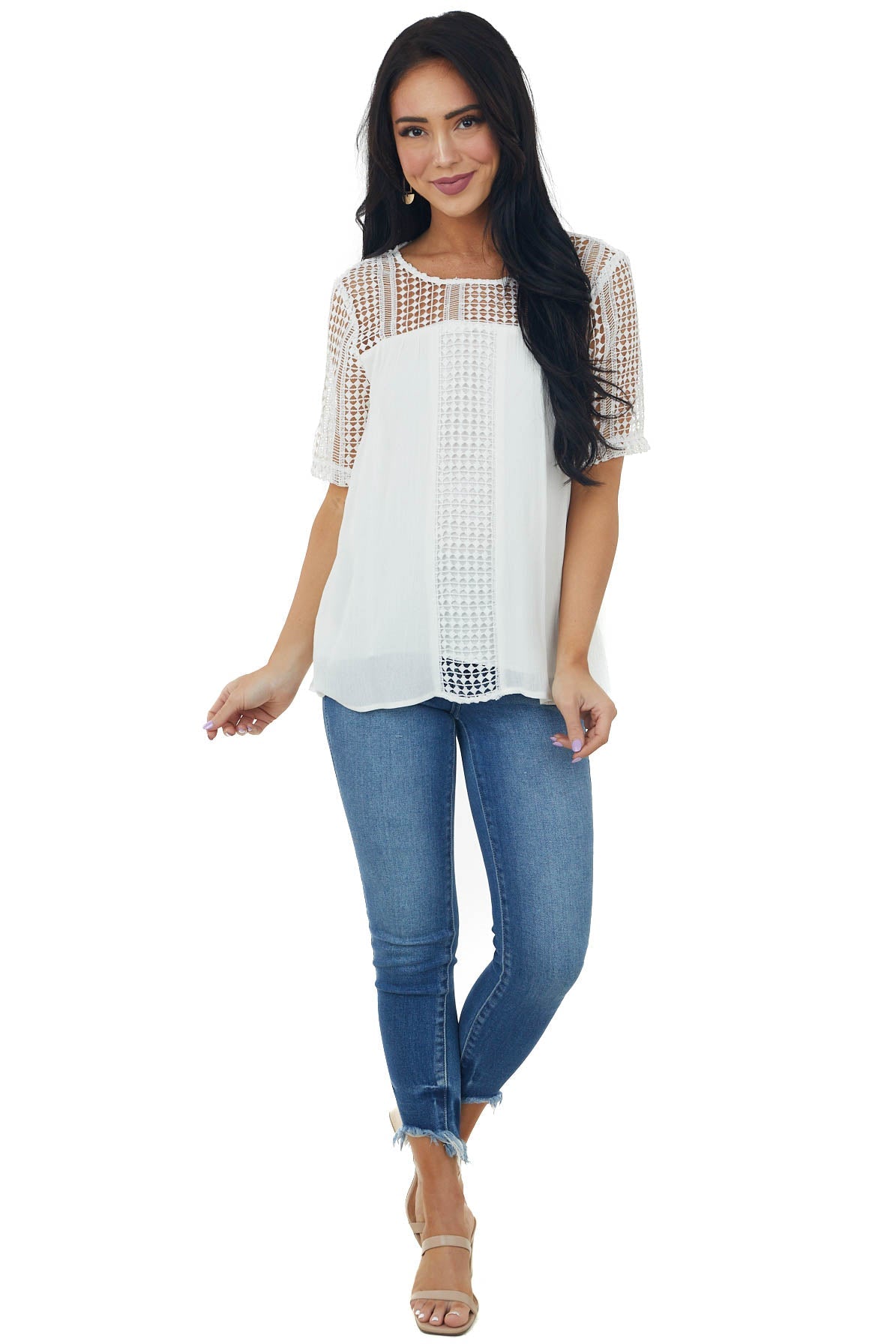 Ivory Open Lace Contrast Short Sleeve Blouse