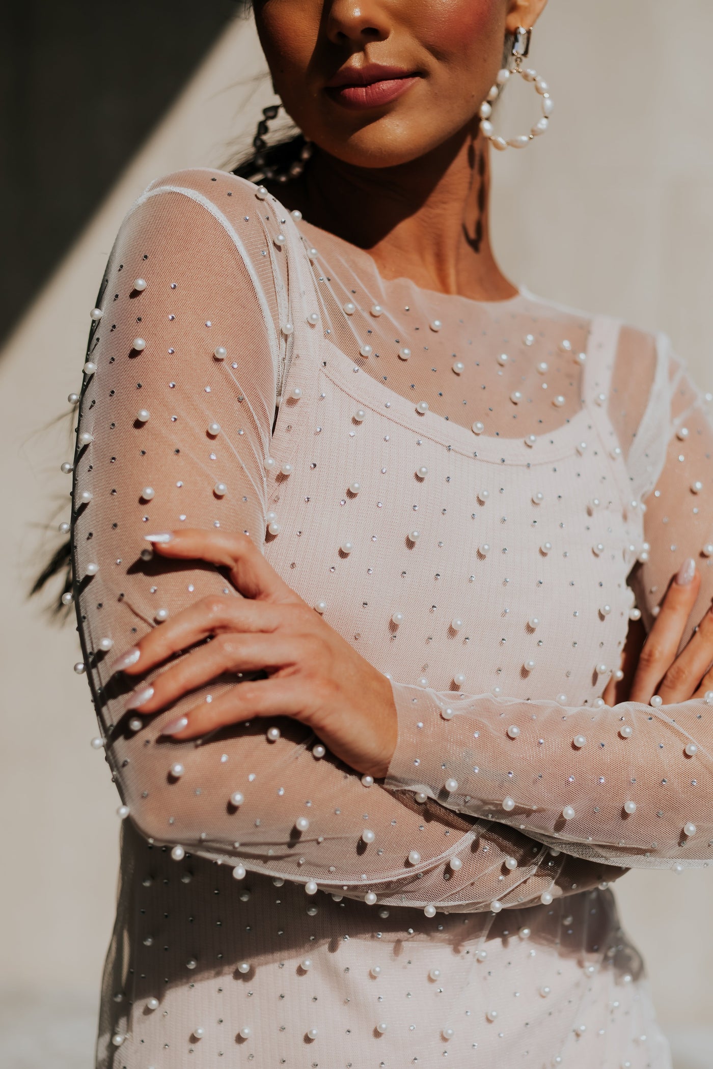 Ivory Pearl Embellished Long Sleeve Mesh Dress