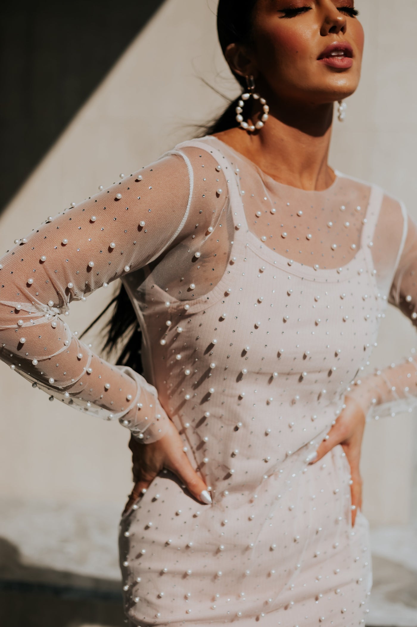 Ivory Pearl Embellished Long Sleeve Mesh Dress