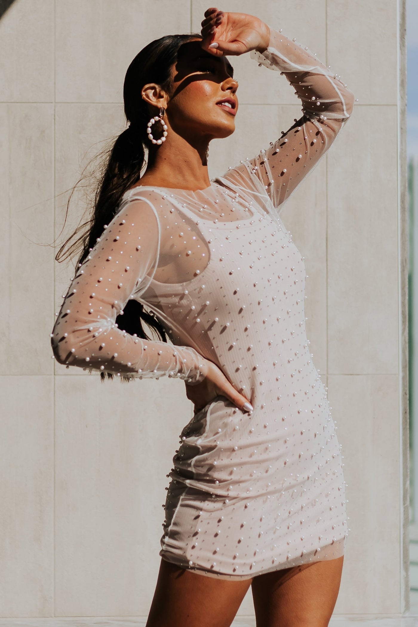 Ivory Pearl Embellished Long Sleeve Mesh Dress