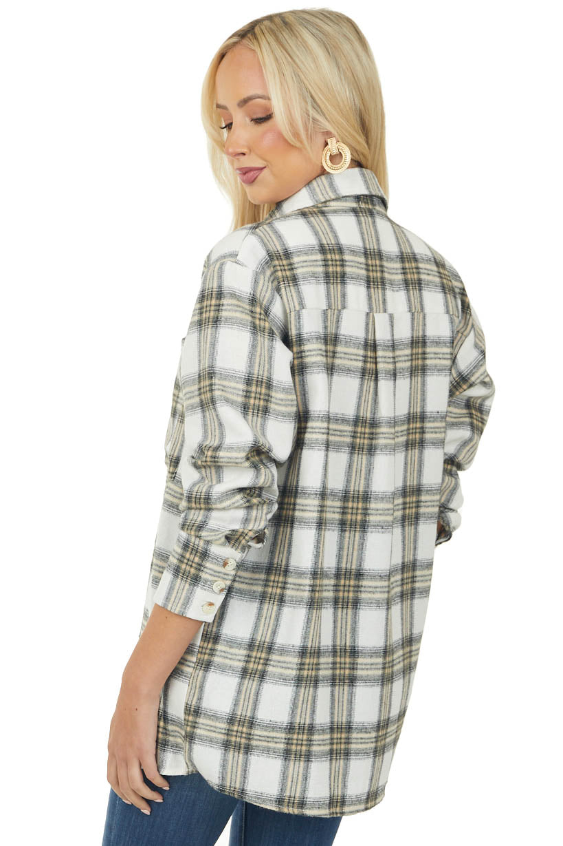 Ivory Plaid Long Sleeve Button Up Flannel Shirt