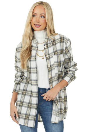 Ivory Plaid Long Sleeve Button Up Flannel Shirt