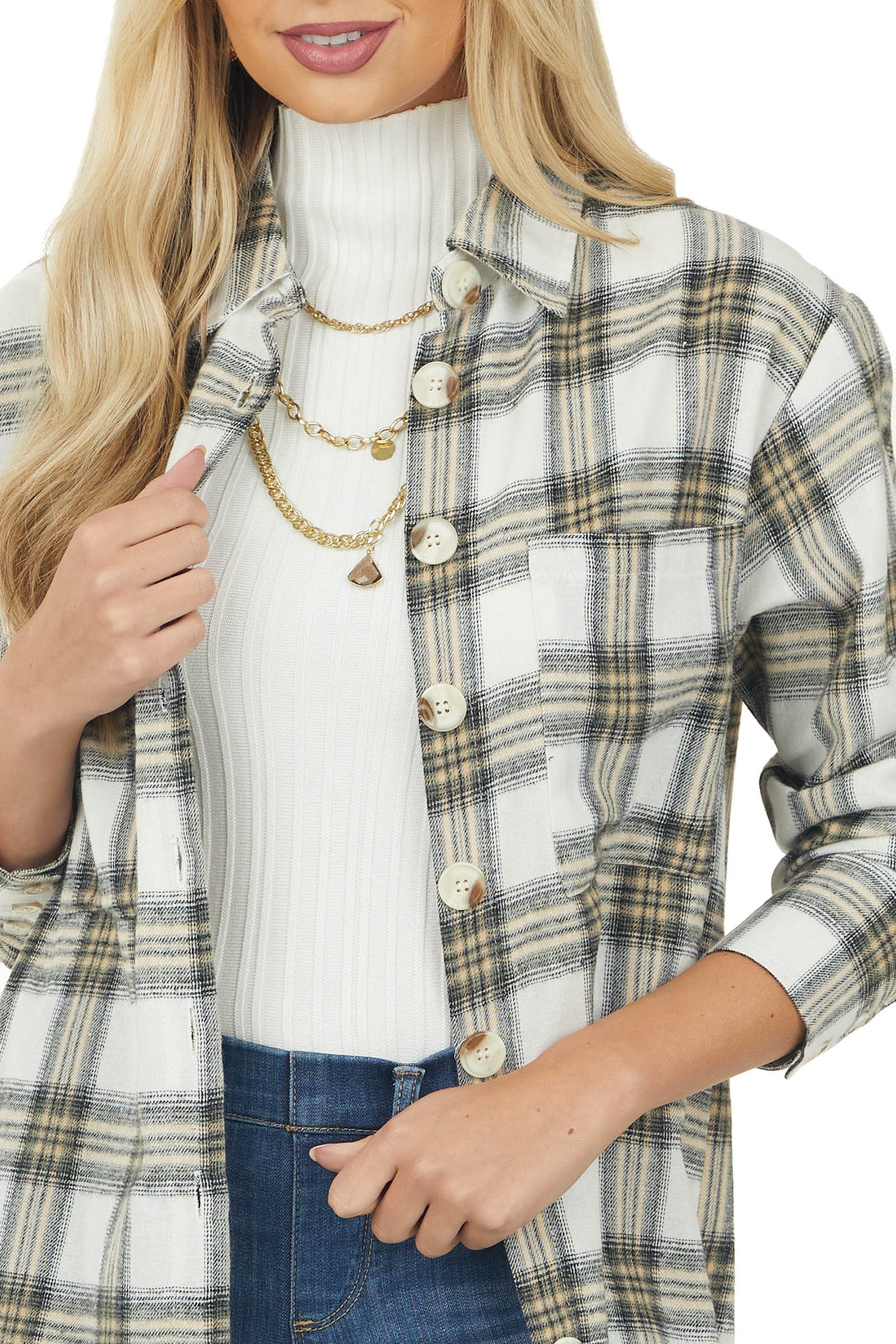 Ivory Plaid Long Sleeve Button Up Flannel Shirt