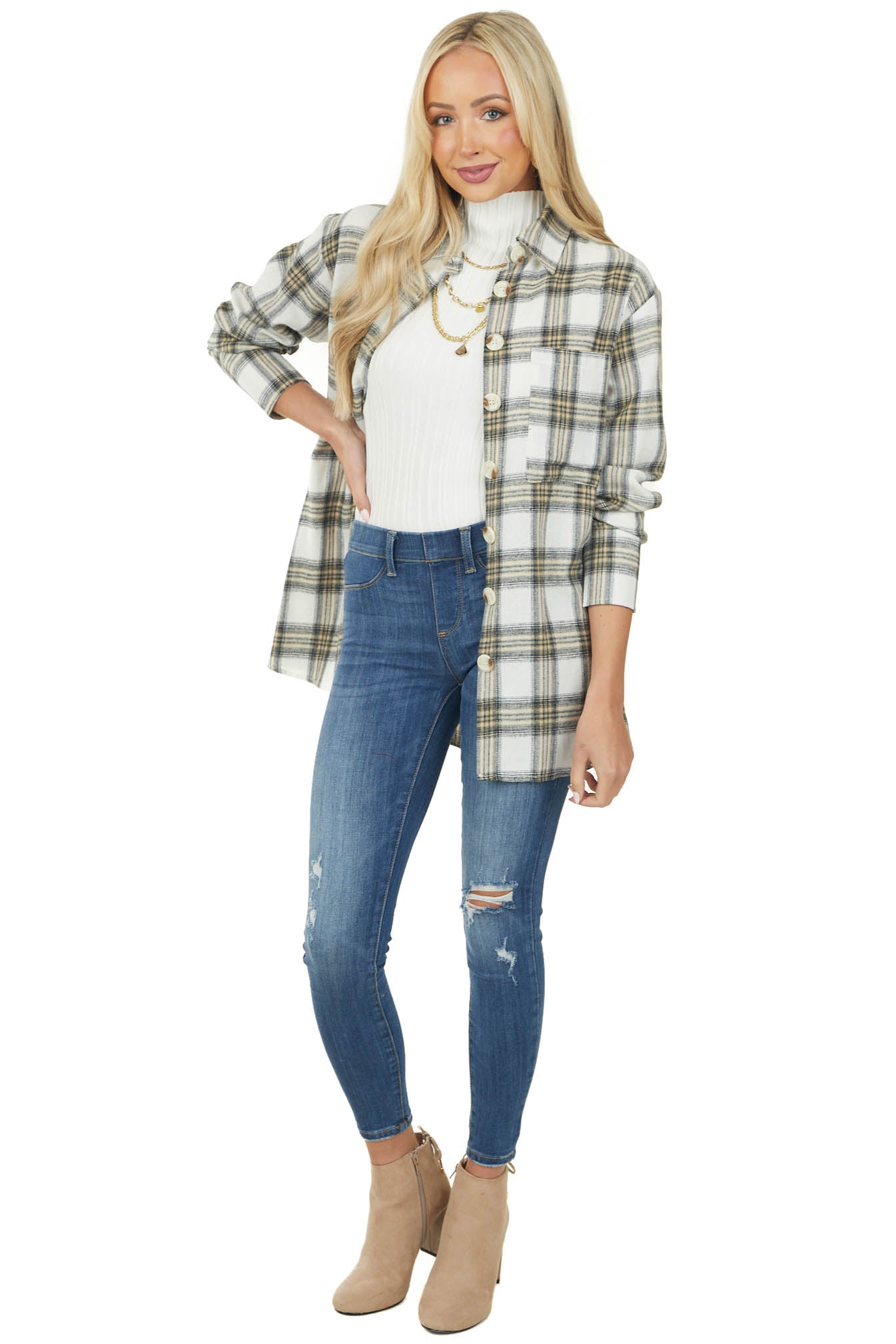 Ivory Plaid Long Sleeve Button Up Flannel Shirt