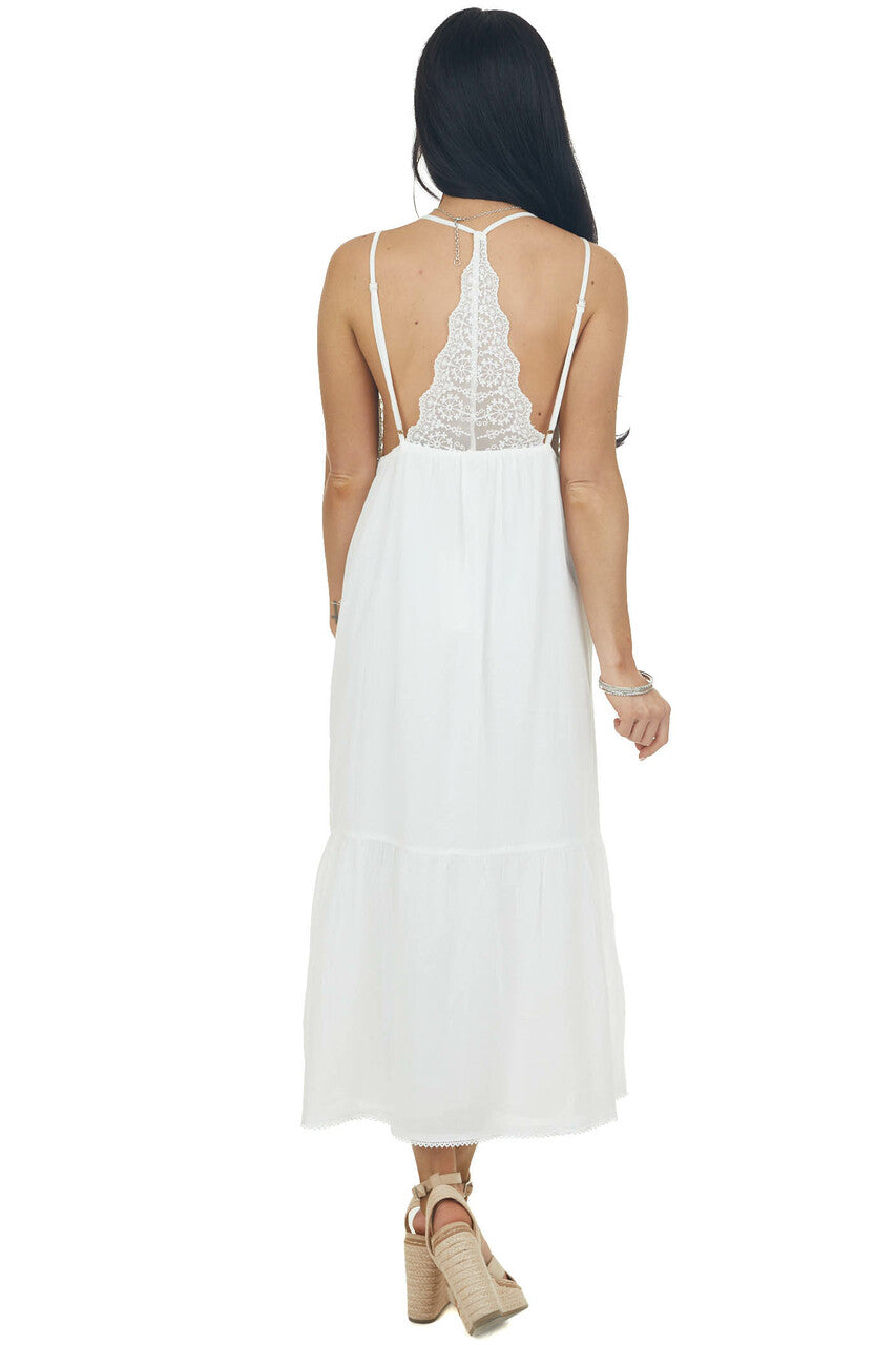 Ivory Plunging Neck Lace Sleeveless Maxi Dress