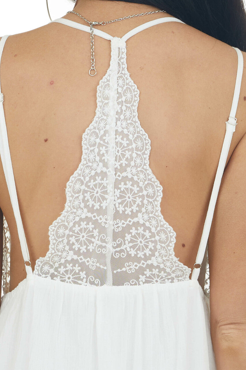 Ivory Plunging Neck Lace Sleeveless Maxi Dress