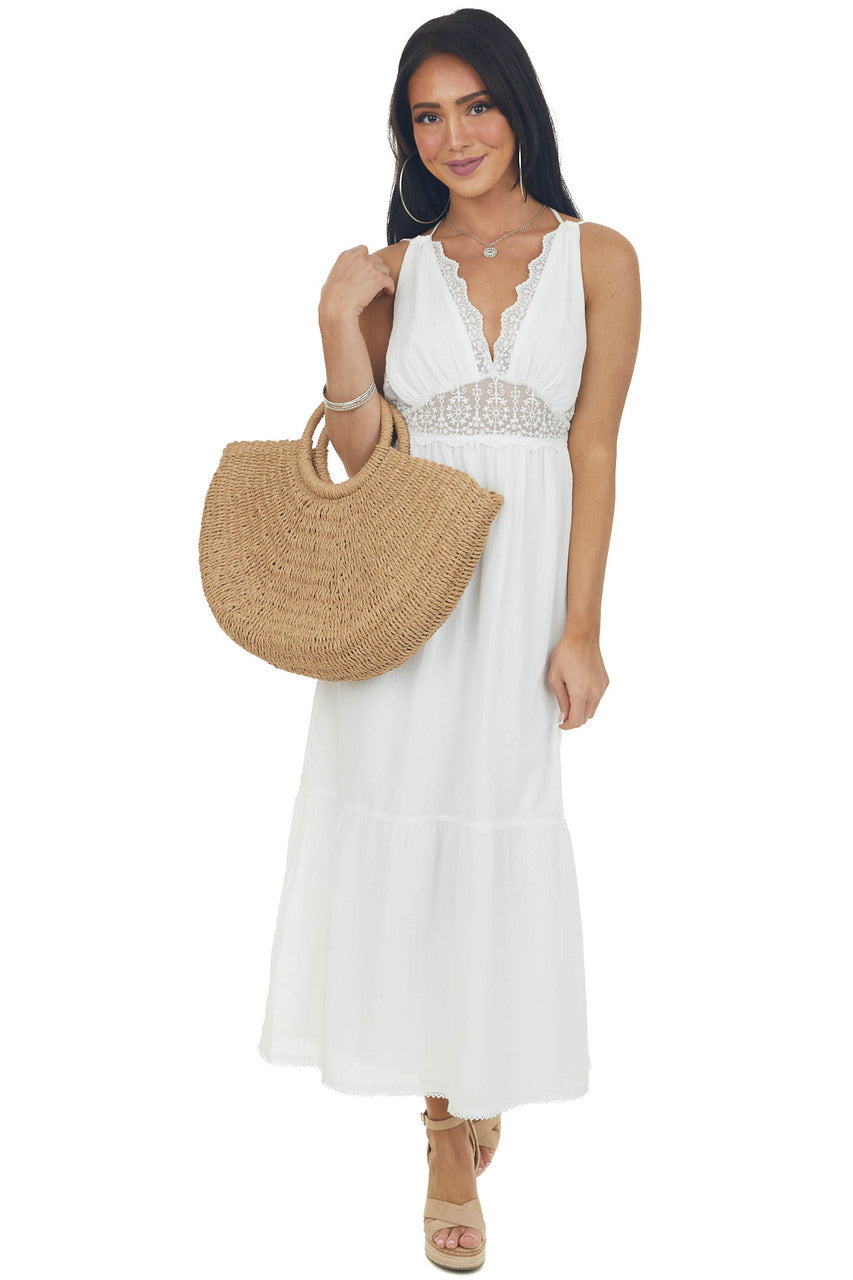 Ivory Plunging Neck Lace Sleeveless Maxi Dress