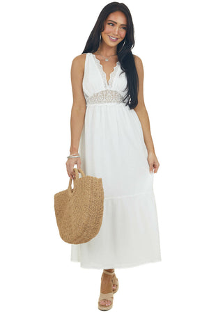 Ivory Plunging Neck Lace Sleeveless Maxi Dress