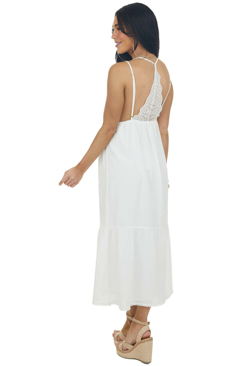 Ivory Plunging Neck Lace Sleeveless Maxi Dress