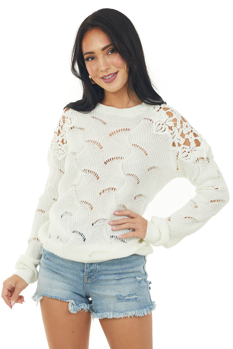 Ivory Pointelle Lace Shoulder Sweater