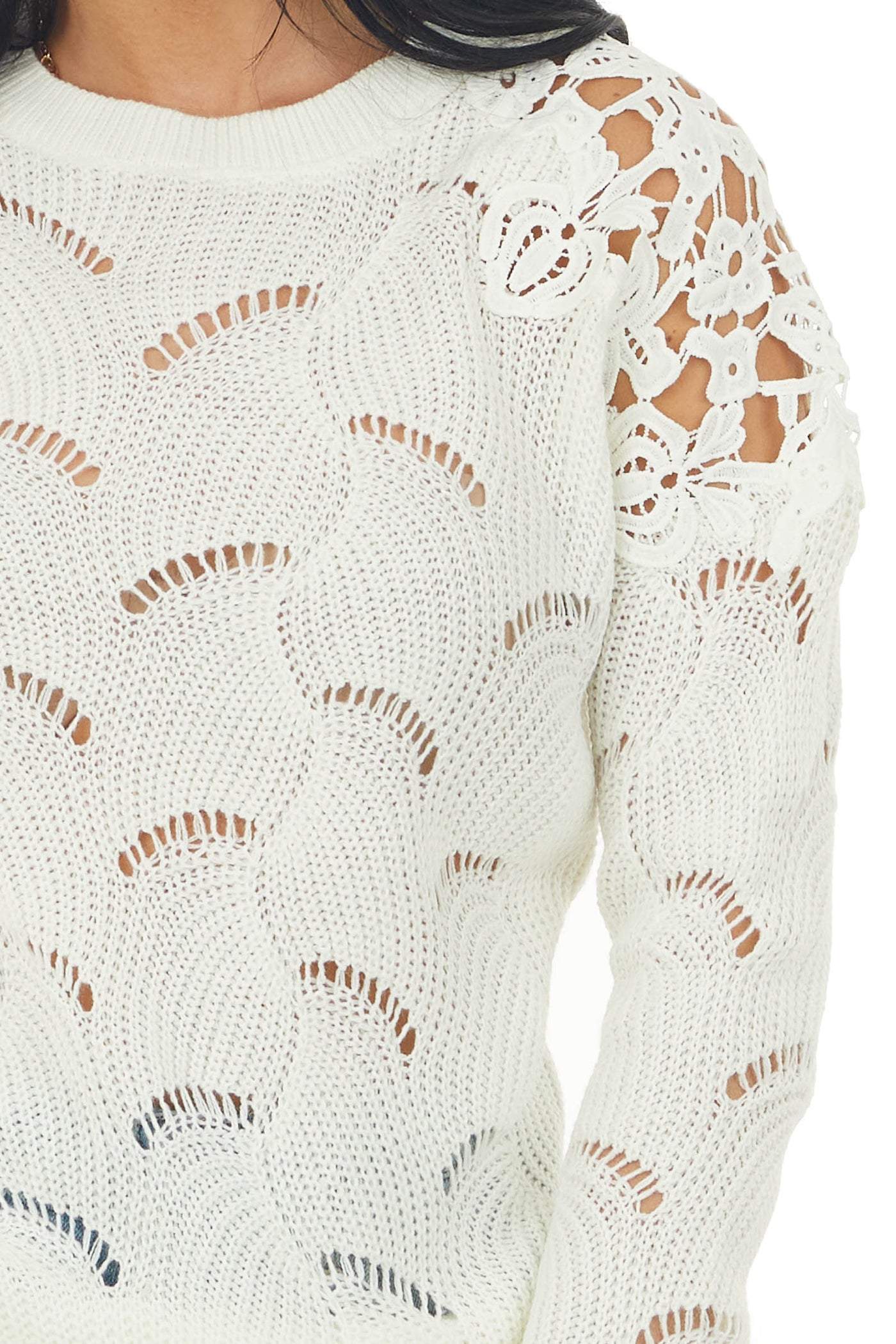 Ivory Pointelle Lace Shoulder Sweater