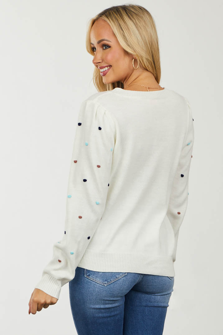 Ivory Pom Pom Sleeve Light Cable Knit Sweater