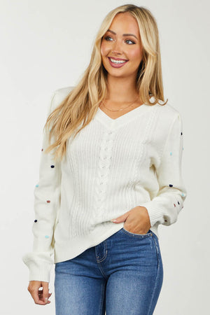 Ivory Pom Pom Sleeve Light Cable Knit Sweater