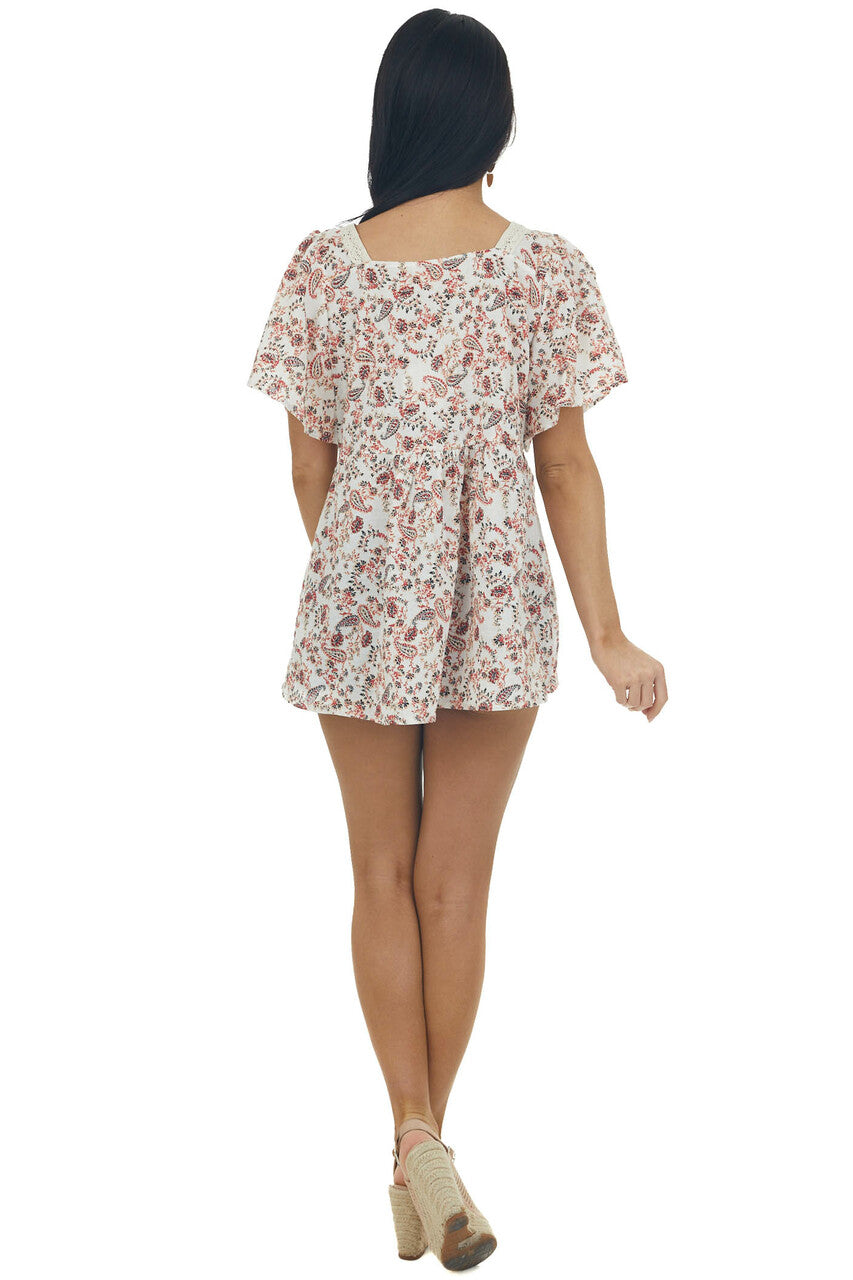 Ivory Printed Babydoll Square Neck Blouse