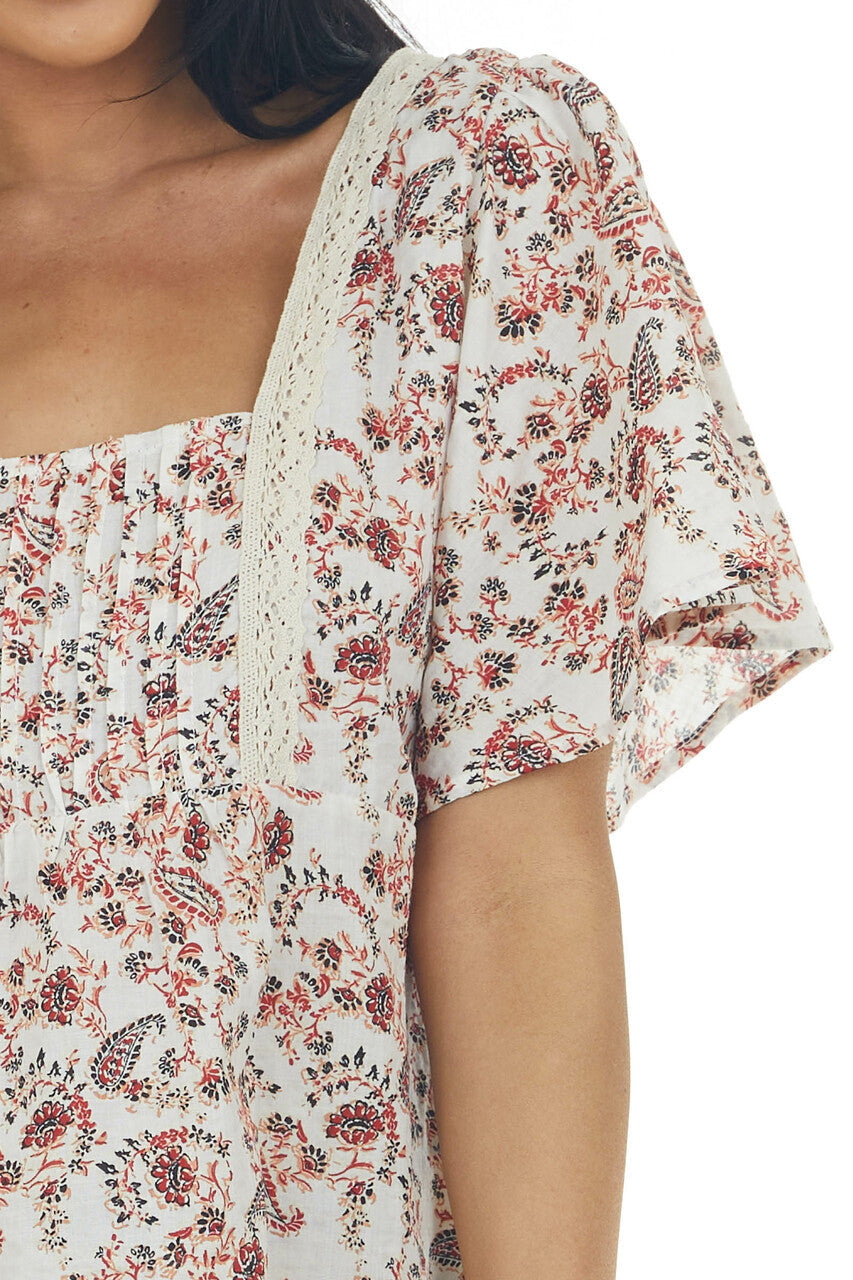 Ivory Printed Babydoll Square Neck Blouse