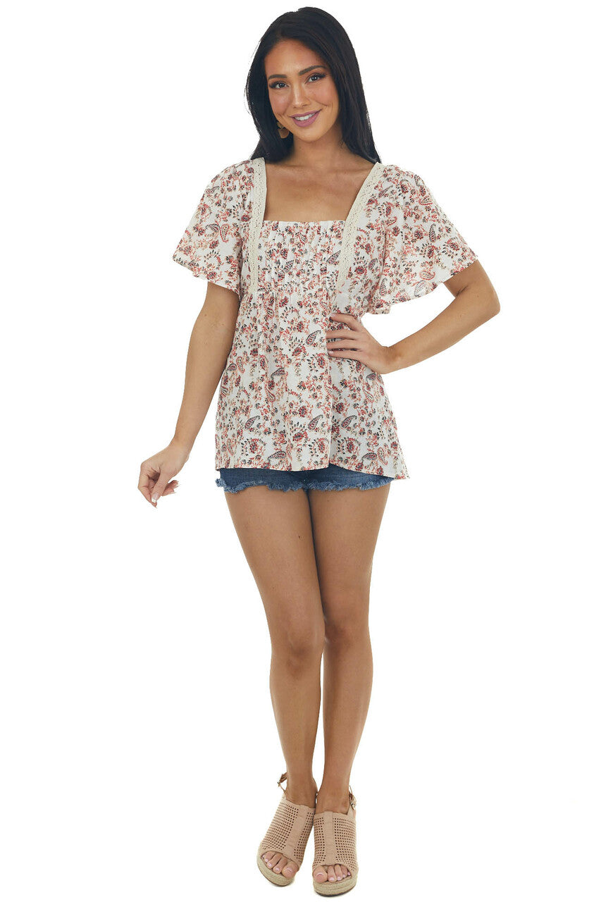 Ivory Printed Babydoll Square Neck Blouse