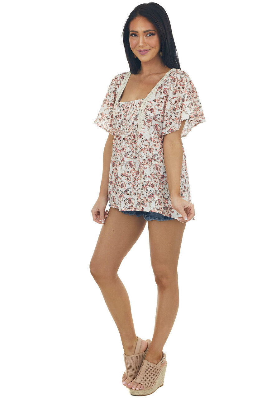 Ivory Printed Babydoll Square Neck Blouse