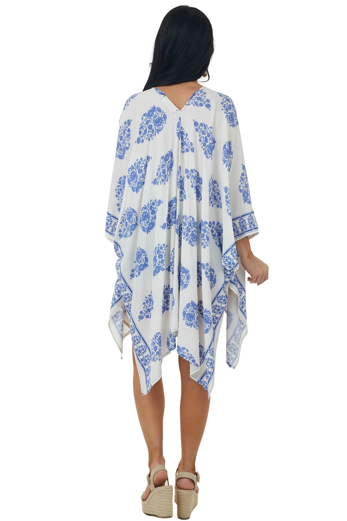 Ivory Printed Open Front Kimono with Side Slits