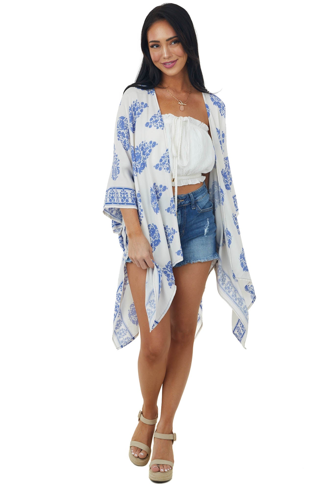 Ivory Printed Open Front Kimono with Side Slits