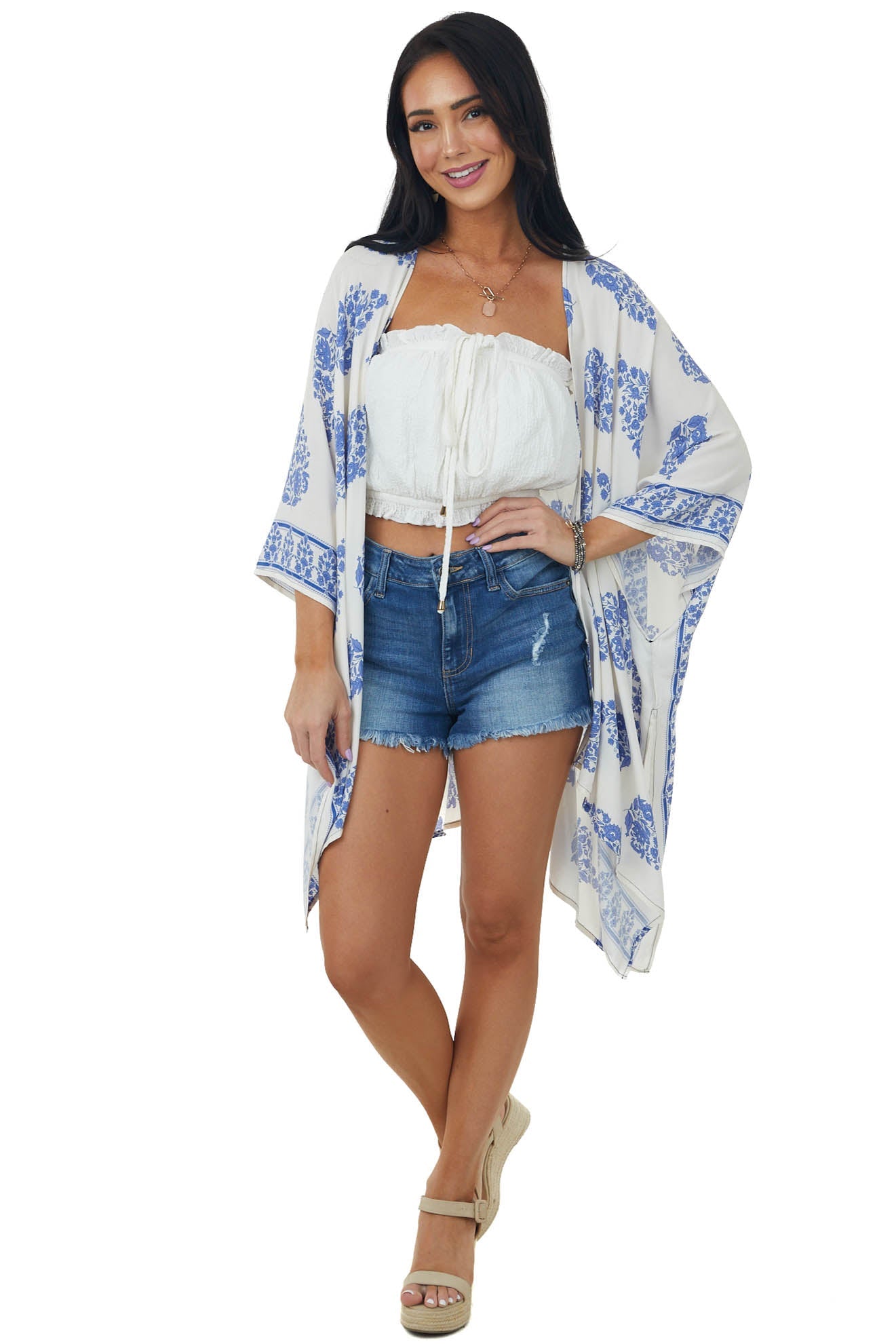 Ivory Printed Open Front Kimono with Side Slits