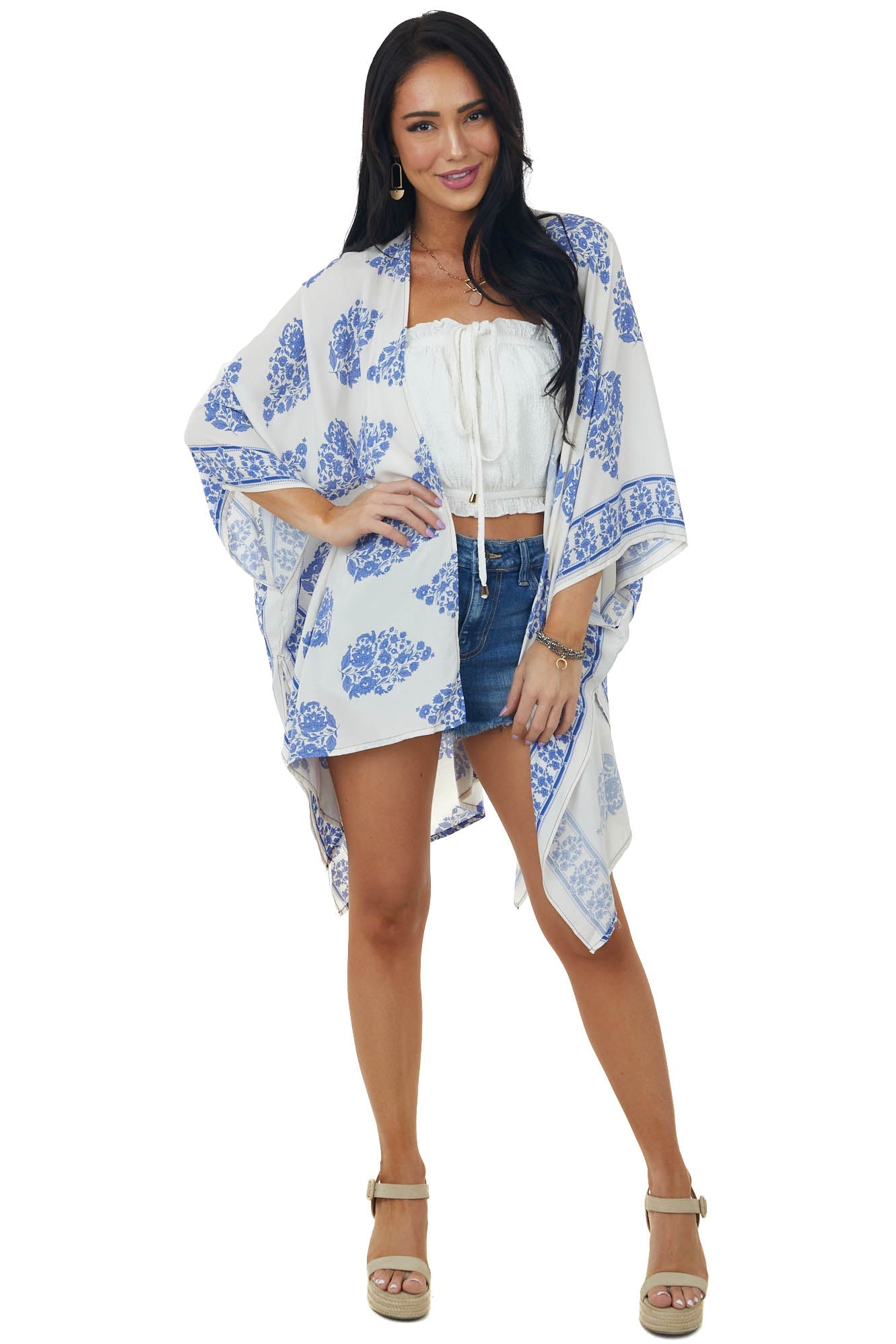 Ivory Printed Open Front Kimono with Side Slits