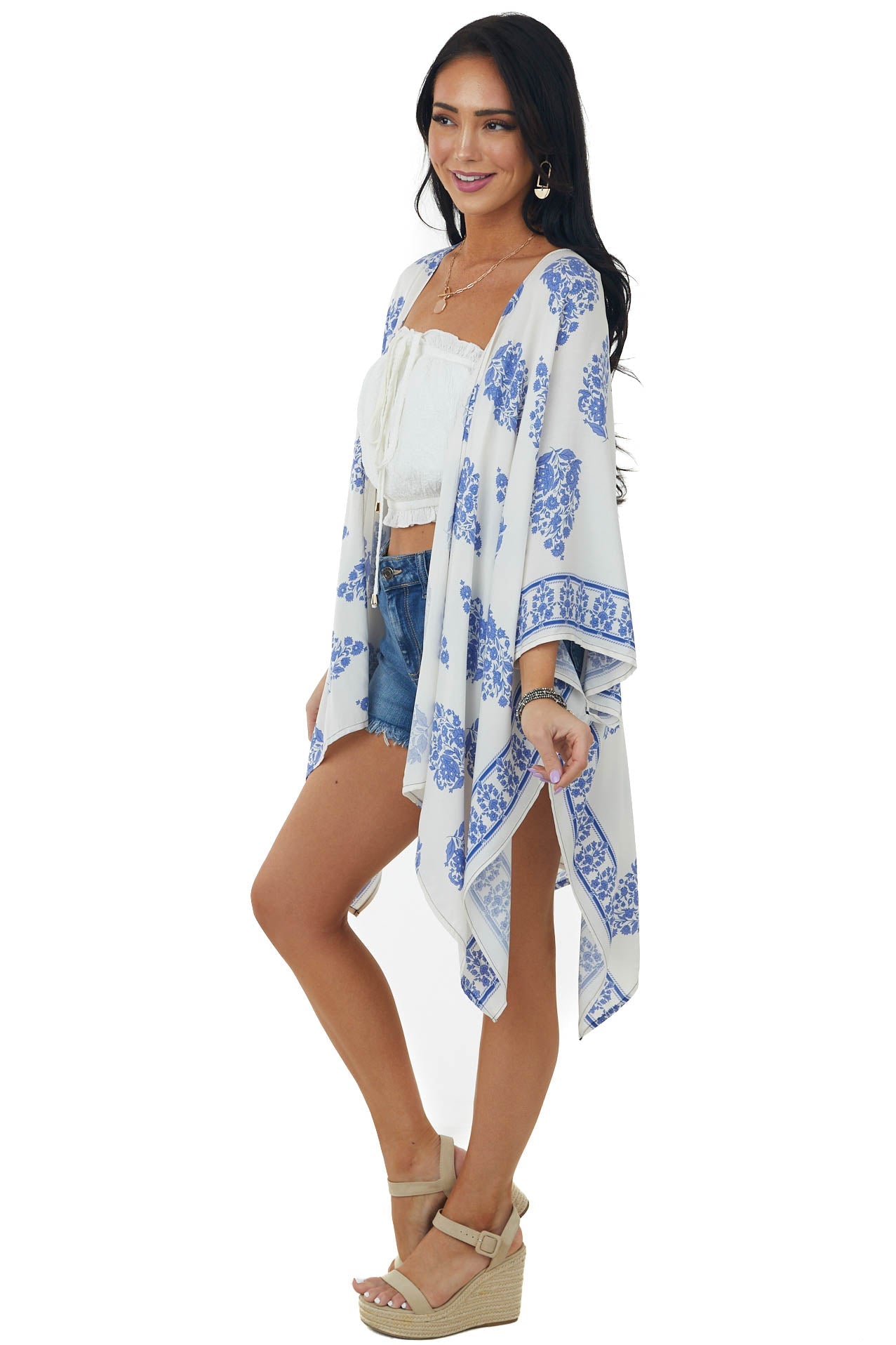Ivory Printed Open Front Kimono with Side Slits