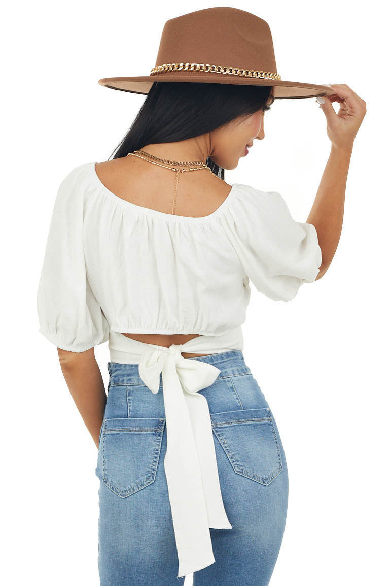 Ivory Puff Sleeve Surplice Tie Back Top