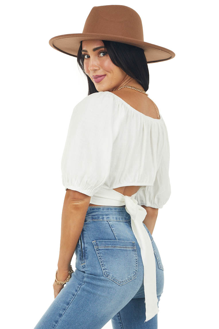Ivory Puff Sleeve Surplice Tie Back Top