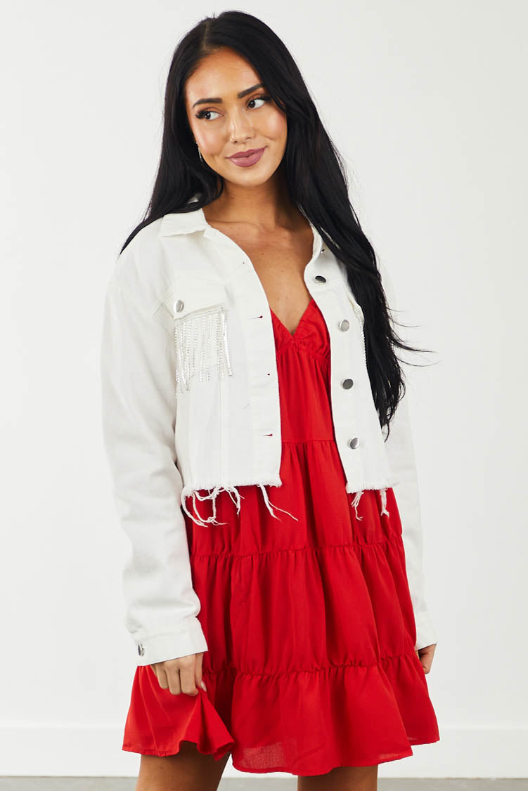 Ivory Rhinestone Detail Frayed Hem Jacket