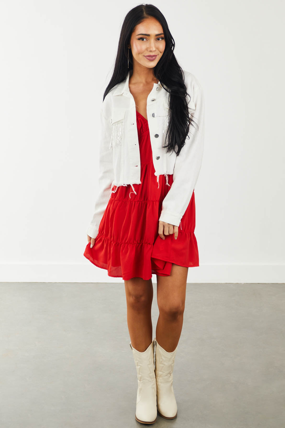 Ivory Rhinestone Detail Frayed Hem Jacket