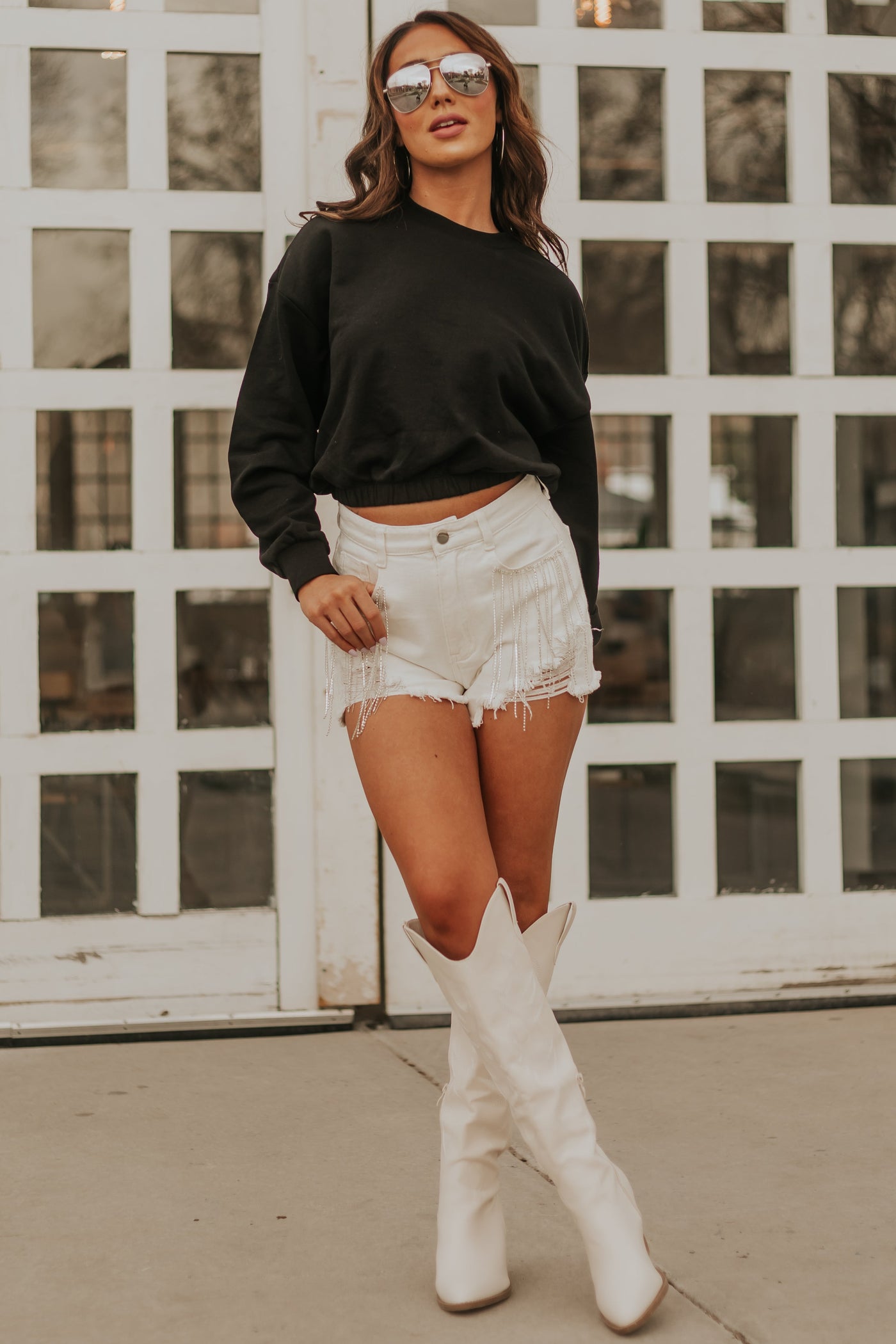 Ivory Rhinestone Fringe Distressed Shorts