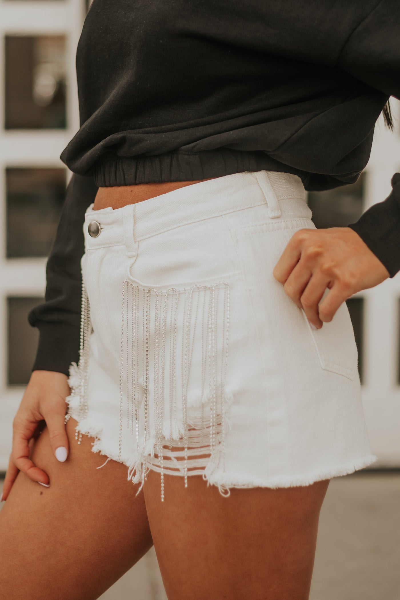 Ivory Rhinestone Fringe Distressed Shorts
