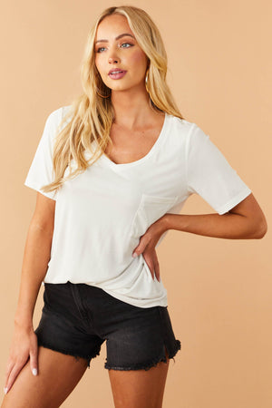 Ivory Short Sleeve Chest Pocket Knit Top