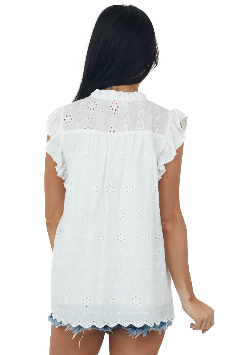 Ivory Short Sleeve Eyelet Tassel Detail Top