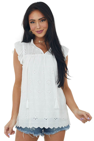 Ivory Short Sleeve Eyelet Tassel Detail Top