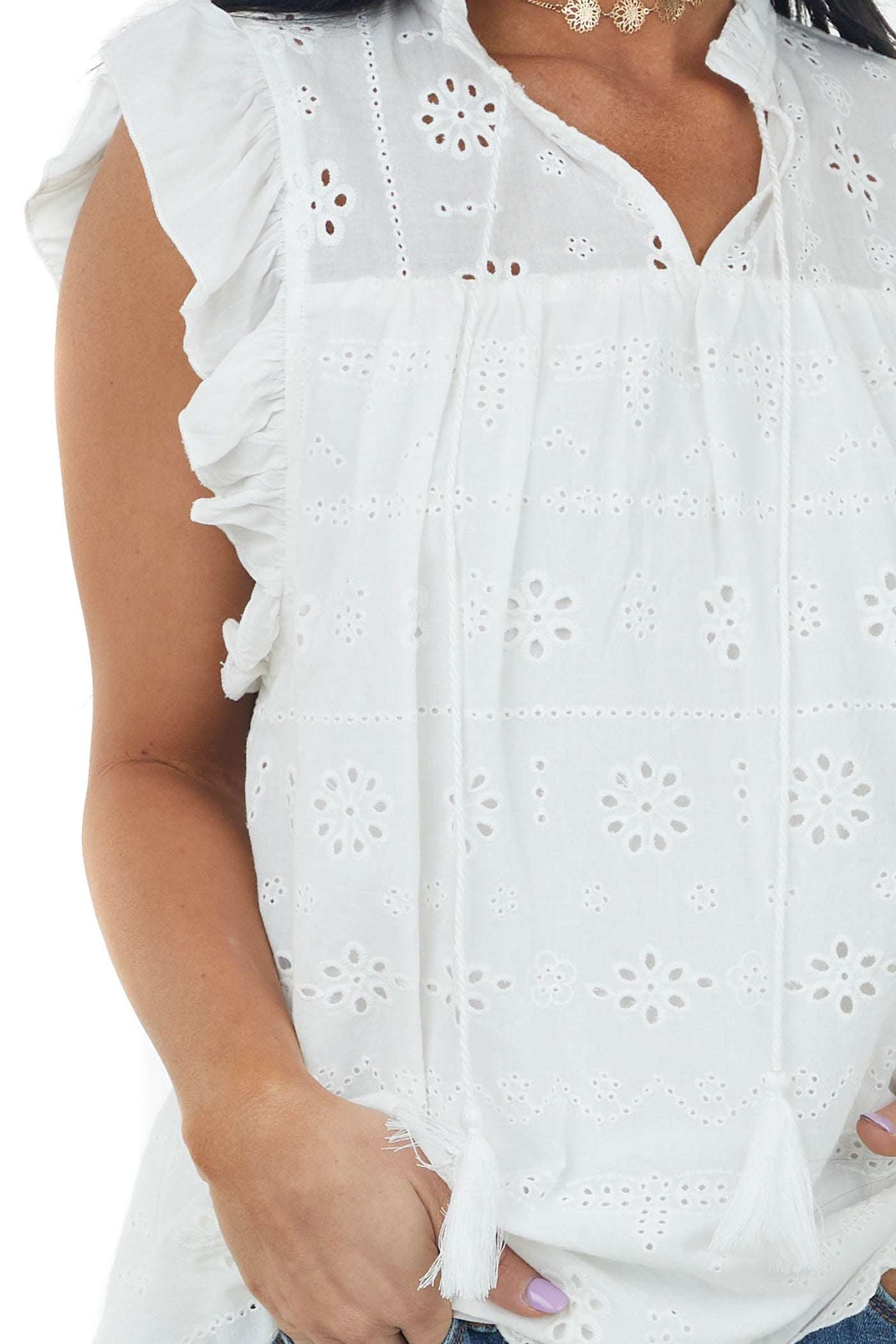Ivory Short Sleeve Eyelet Tassel Detail Top
