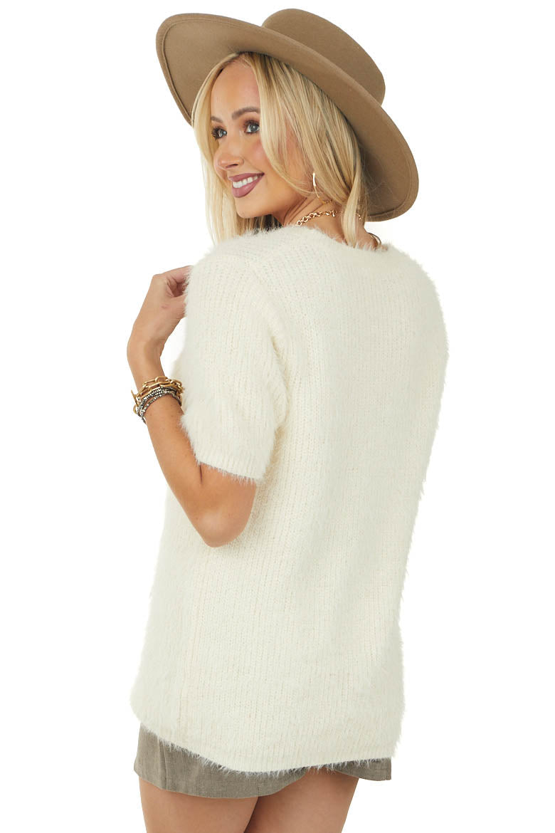 Ivory Short Sleeve Fuzzy Knit Sweater