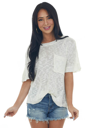 Ivory Short Sleeve Sweater Knit Chest Pocket Top
